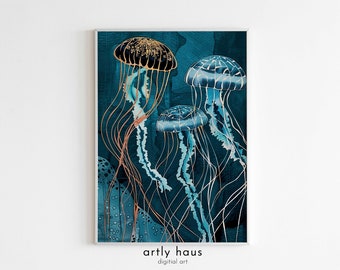 Immersed Jellyfish Poster Solo | Elevated Art Deco Print | Marine Life Decor | Gold and Blue | DIGITAL DOWNLOAD