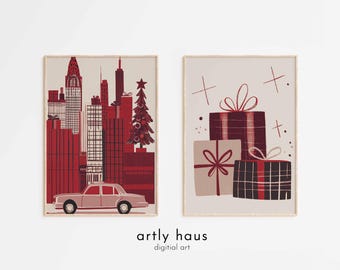 Fun Holiday Poster Set of 2 Retro Christmas Print Winter Holiday Cityscape Nursery Xmas Wall Art, Vintage Red Holiday Decor