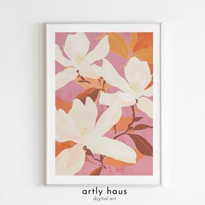 Impresión de magnolia en primavera: póster floral rosa y naranja, arte de pared botánico moderno, decoración elegante de primavera, DESCARGA DIGITAL