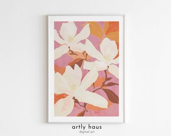 Magnolia Spring Bloom Print – Pink & Orange Floral Poster, Modern Botanical Wall Art, Elegant Spring Decor, DIGITAL DOWNLOAD