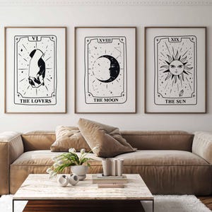 Tarotposter Trio | Zwart-wit astrologische print | Trendy muurkunst voor slaapzaal | The Sun-tarotkaart The Moon | DIGITALE DOWNLOAD