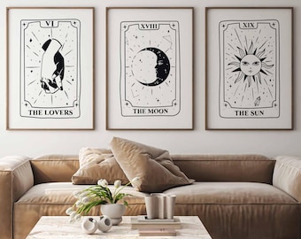Tarot Poster Trio | Black and White Astrology Print | Trendy Wall Art for Dorm Room | The Sun Tarot Card The Moon | DIGITAL DOWNLOAD