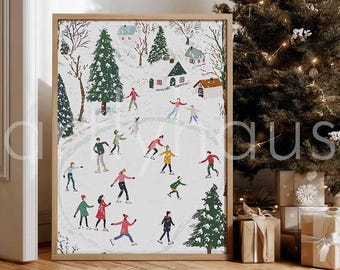 Póster de patinaje sobre hielo invernal, ilustración acogedora de vacaciones de invierno, arte mural mágico navideño, impresión de deporte de invierno festivo, DESCARGA DIGITAL