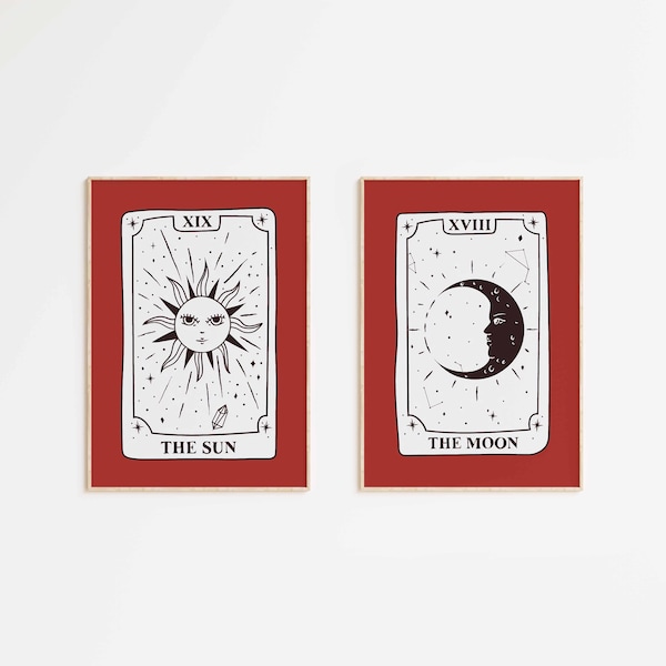 Crimson Eclipse Tarot Poster Set | Sleek Red Elegance | The Sun & The Moon | Tarot Art | DUO | Vibrant Wall Art Set | DIGITAL DOWNLOAD