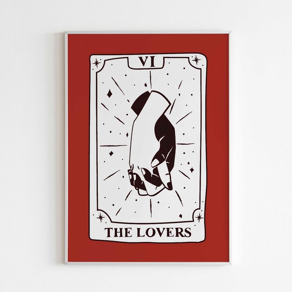 Passionate Union Tarot Poster | Sleek Red Elegance | The Lovers | Tarot Art | SOLO | Romantic Wall Art | DIGITAL DOWNLOAD