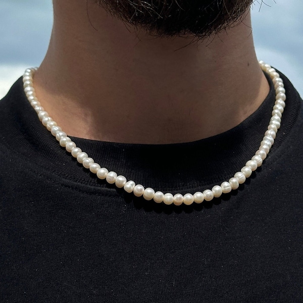 Collier de perles d’eau douce | Véritable collier de perles d’eau douce | Bijoux d’été | Accessoire streetwear | Taille réglable | Idée cadeau pour hommes