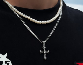 Y2K Shiny Cross Cuban Chain Silver | 4mm Cuban Link Necklace Men | Diamond Cross Pendant Necklace | Streetwear Jewelry | Gift Idea Men