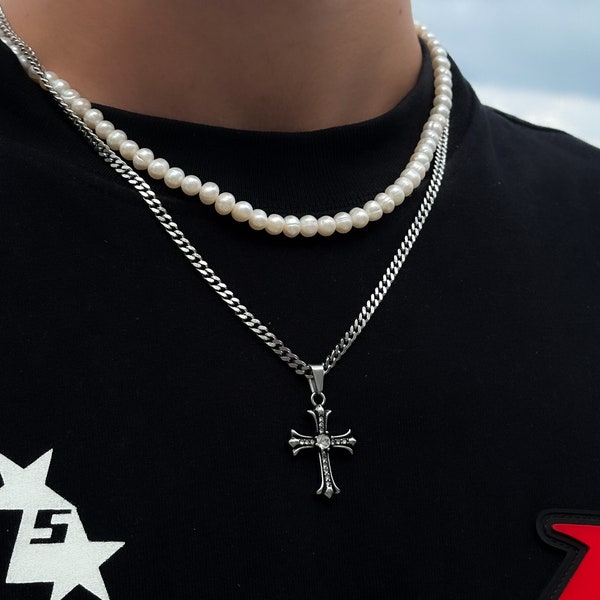 Y2K Shiny Cross Cuban Chain Silver | 4mm Cuban Link Necklace Men | Diamond Cross Pendant Necklace | Streetwear Jewelry | Gift Idea Men