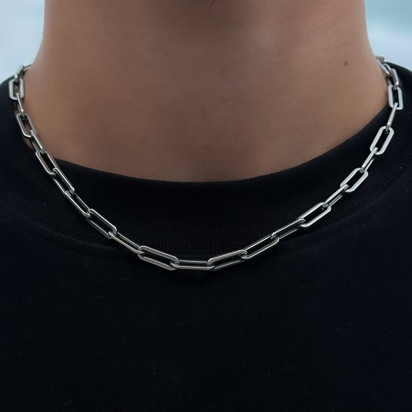 Chaîne Trombone Homme Argent | Collier Lien Argent | Chaîne de streetwear | Cadeau pour lui | Bijoux en acier inoxydable | Idée cadeau pour hommes