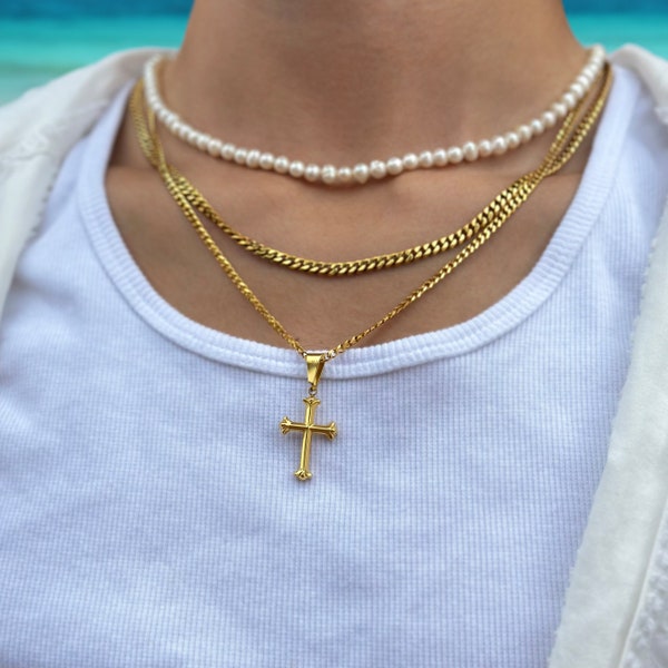 Cross Cuban Chain Gold | 4mm Cuban Link Necklace | Crucifix Chain Gold | Religious Jewelry | Mens Gold Necklace | Confirmation Cross