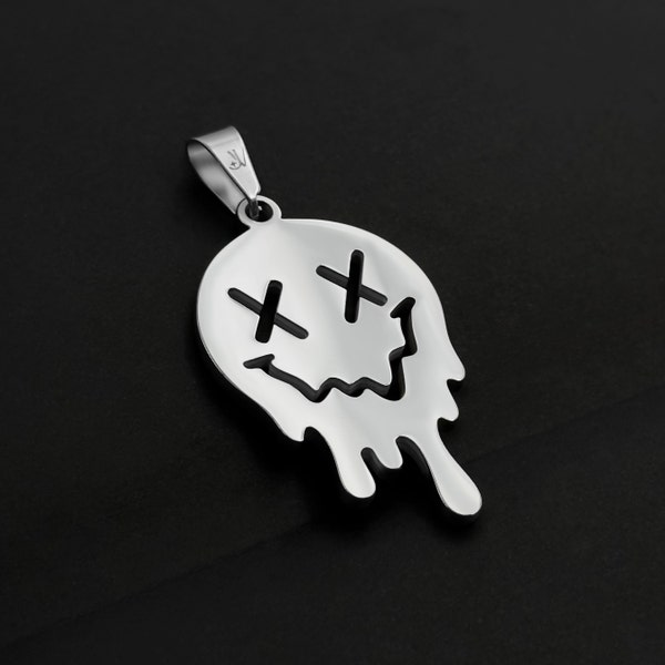 Pendentif en argent Drippy Smiley | Charme Emoji visage heureux | Pendentif Smiley fondant | Bijoux de style techno | Accessoire streetwear | Idée cadeau