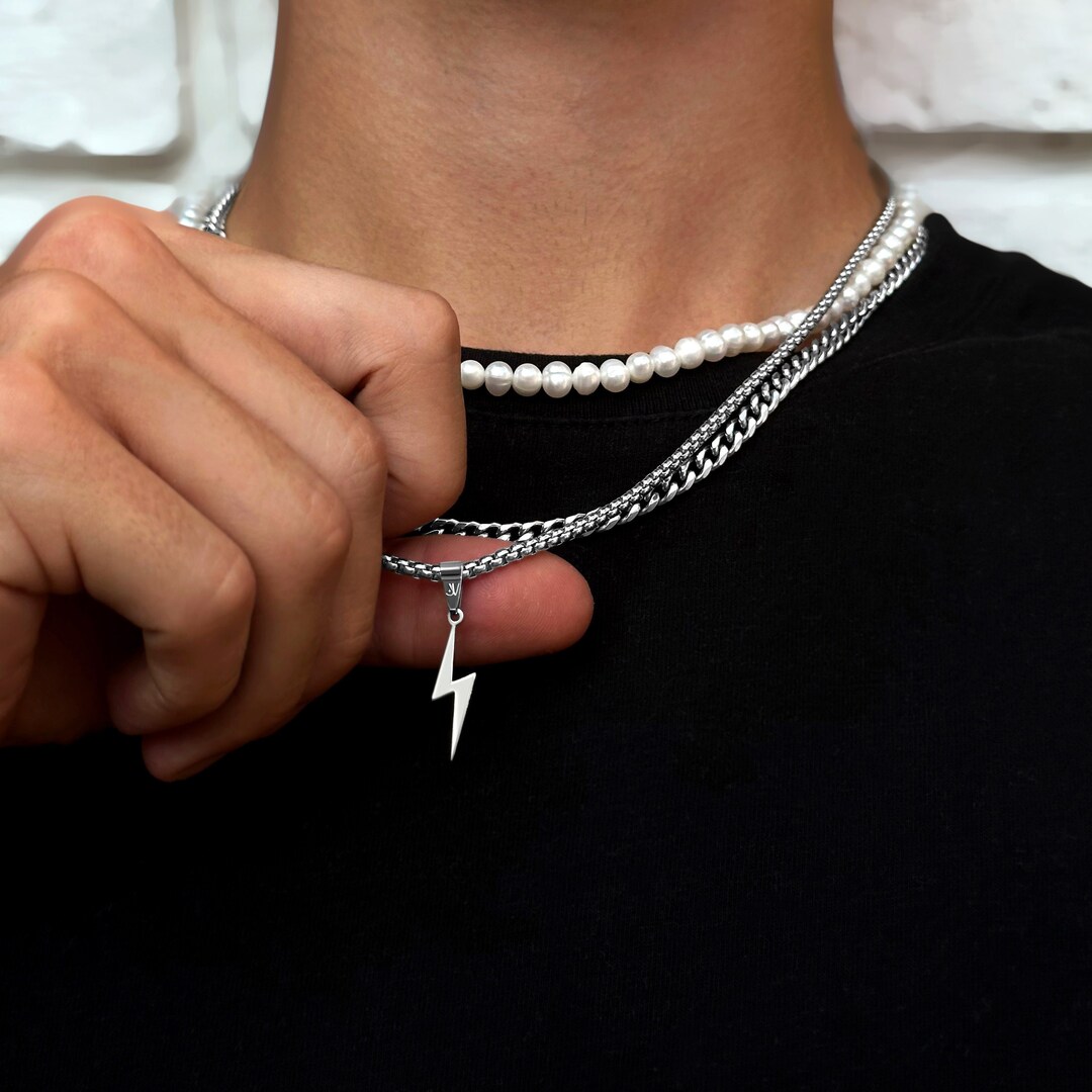 Silver Lightning Necklace 2.5mm Box Chain Men Thunderbolt Flash Chain Minimalistic Jewelry