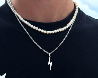 Collana con fulmini in argento | Catena a corda intrecciata da 2 mm | Gioielli minimalisti | Gioielli street style da uomo | Uomini di catena flash