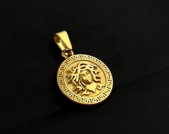 18K Gold Medusa Pendant | Stainless Steel Medusa Charm | Gold Snake Head Medallion | Greek Mythology Jewelry | Gift Idea Men