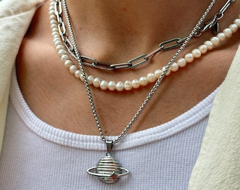 Planet Box Chain Silver | 2,5mm Box Necklace Men | Planet Pendant Silver | Saturn Necklace | Streetwear Jewelry | 50-60cm Size | Gift Idea