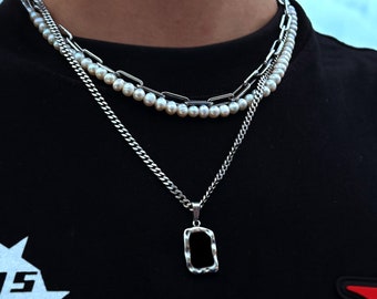 Onyx Cuban Chain Silver | 4mm Cuban Link Necklace Men | Abstract Onyx Medaillon | Onyx Necklace Men | Streetwear Jewelry | 50-60cm Size