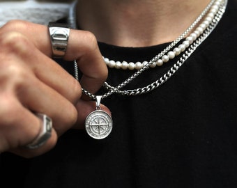 Chaîne Coffret Boussole Argent | Collier boîte 2,5 mm Hommes | Chaîne Étoile du Nord | Pendentif boussole | Collier en argent pour hommes | Taille 50-60 cm | Idée Cadeau Homme