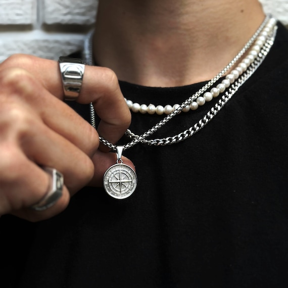 Compass Box Chain Silver | 2,5mm Box Necklace Men | North Star Chain | Compass Pendant | Mens Silver Necklace | 50-60cm Size | Gift Idea Men