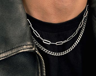 Paperclip Chain Men Silver Link Necklace Silver Streetwear