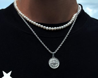 Compass Rope Chain Silver | 3mm Twisted Rope Necklace Men | North Star Chain | Compass Pendant Medaillon | Silver Necklace Men | Gift Idea