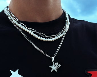 Galaxy Star Cuban Chain Silver | 4mm Cuban Link Necklace Men | Star Necklace Pendant Silver | Streetwear Jewelry | 50-60cm Size | Gift Idea