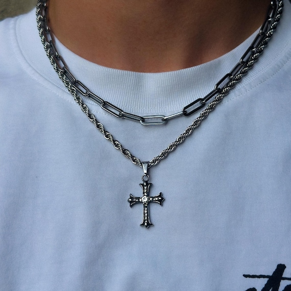 Y2K Diamond Cross Chain Silver | 4 Mm Twisted Rope Necklace Men