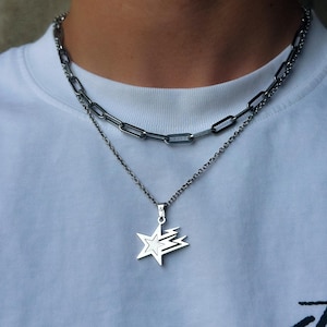 Galaxy Star Chain Silver | Silver Necklace Men | Chain with Pendant | Star Pendant | 2mm Rolo Chain | Universe Chain | Streetwear Jewelry