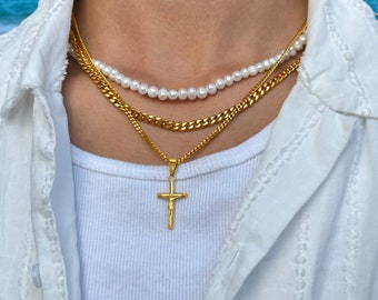 Jesus Cross Cubaanse ketting goud | 4 mm Cubaanse schakelketting heren | Kruisbeeldketting goud | Gouden herenketting | Bevestigingskruis | Cadeau idee