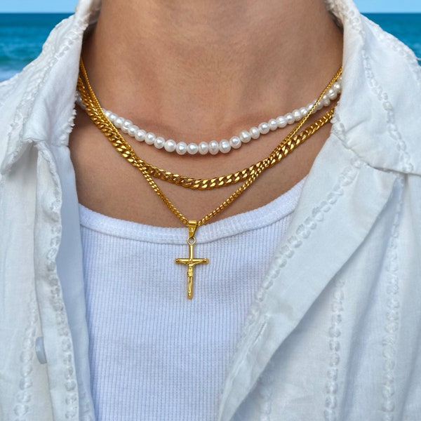 Jesus Cross Cuban Chain Gold | 4mm Cuban Link Necklace Men | Crucifix Chain Gold | Mens Gold Necklace | Confirmations Cross | Gift Idea