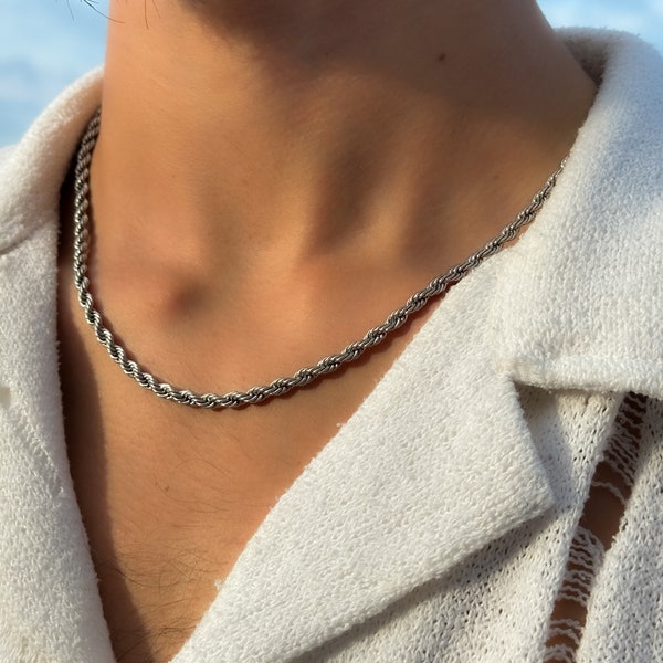 Twisted Rope Chain Silver | 4mm Rope Necklace Men | Streetwear Jewelry | Silver Chain Men | Stainless Steel | 45-55cm | Gift Idea Men