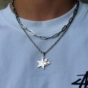 Galaxy Star Chain Silver | 3mm Twisted Rope Necklace | Star Pendant | Silver Necklace Men | Unique Streetwear Jewelry | Gift Idea