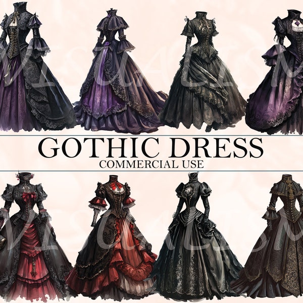 20 GOTHIC WATERCOLOR DRESS, Digital Downloads, gothic dress Clipart, dresses and gowns Png, goth wall art, dress prints, Commercial Use