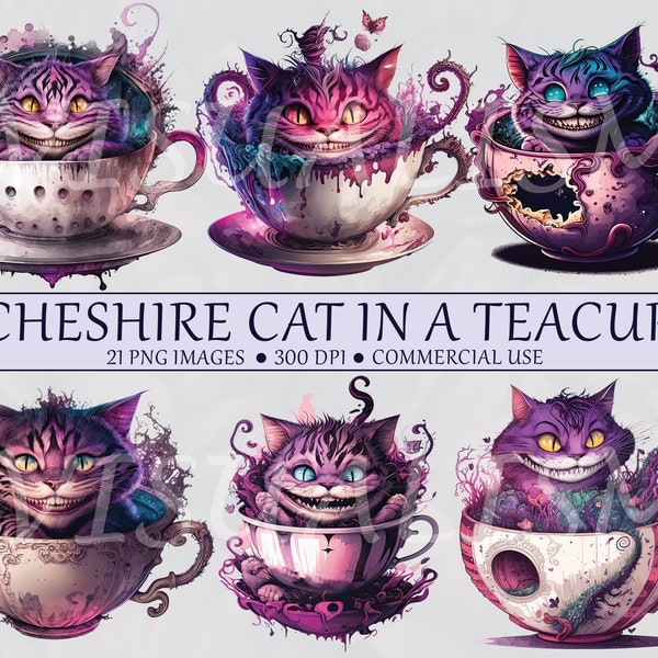 21 chat du Cheshire dans une tasse de thé Clipart, téléchargements numériques, Cheshire Cat Png, art de la bande dessinée, tirages de dessin animé, usage Commercial