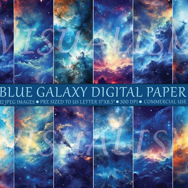 Printable Blue Galaxy Digital Paper, Blue Night Sky Background, Cosmic Space Landscape Backdrop, Download Junk Journal, Scrapbooking,