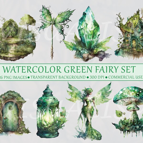 Green Fairy Watercolor Clipart Bundle - 26 Magic Fairytale Illustrations, Magical, Storybook, PNG, Instant Digital Download, Commercial Use