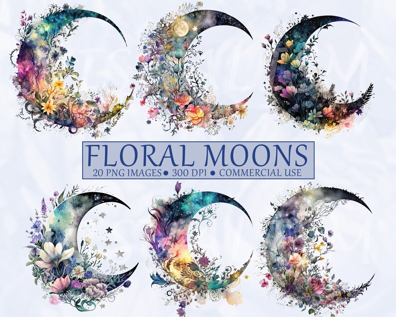 20 Floral Moons Watercolor Clipart, Digital Downloads, Floral Moons