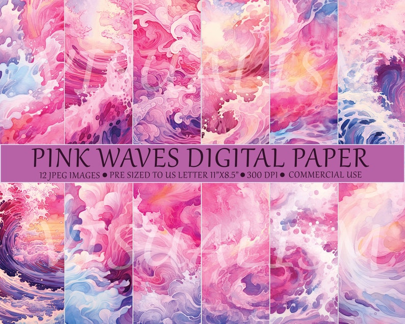 Watercolor Pink Ocean Wave Digital Paper Pack, Printable Scrapbooking Paper, Printable Pink ...