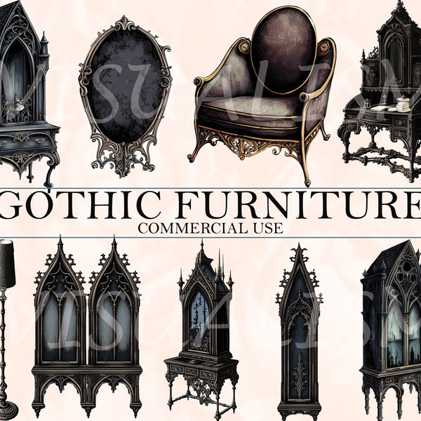 34 GOTHIC FURNITURE CLIPART, Digital Downloads, gothic Clipart, gothic furniture Png, gothic wall art, gothic chair prints, Commercial Use