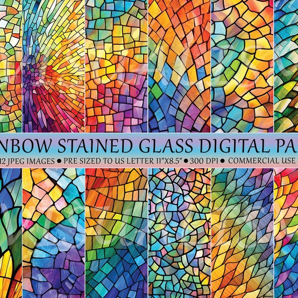 Rainbow Stained Glass Digital Paper, printable textures, printable scrapbook paper, journal pages, commercial use, rainbow glass pattern