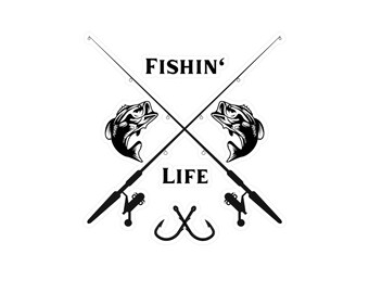 Könnte beinhalten: Schwarz-weiß-Illustration von zwei gekreuzten Angelruten mit einem Fisch an jeder Rute. Der Text "FISHIN' LIFE" steht in der Mitte des Bildes.