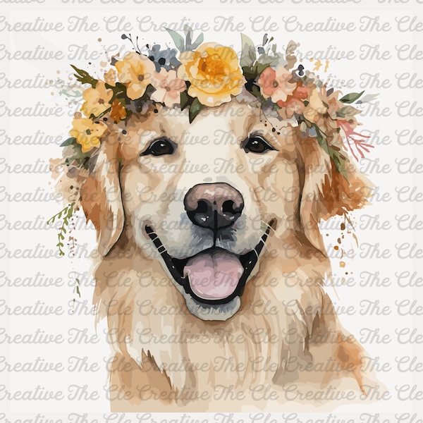 Golden Retriever Art Dog Wall Art Golden Retriever Watercolor Dog PNG Golden Retriever With Crown Golden Retriever Clipart