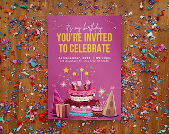 Invitación digital con mensaje de alegría de cumpleaños en rosa y amarillo