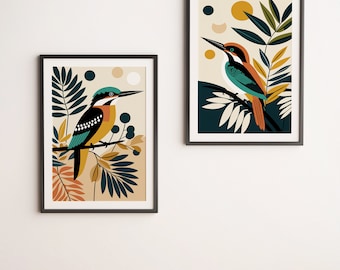 Pájaro cantor y bayas - Arte mural en acuarela - Impresión digital (paquete de 2)