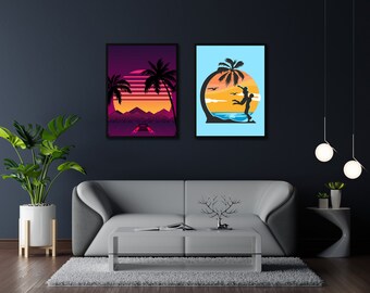 Escape al atardecer: Escena de playa con coche retro y pareja en la playa (Descarga digital)