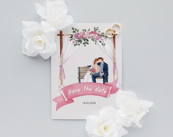 Elegante invitación de boda rosa y blanca con texto "Save the Date" (Reserva la fecha): Ilustración de pareja romántica