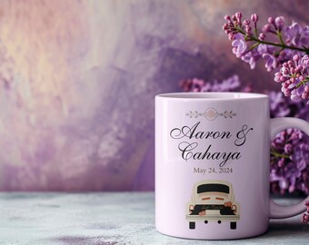 Taza de coche vintage personalizada con nombre de pareja - Regalo de aniversario personalizable