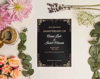 Elegante invitación de aniversario en negro y dorado