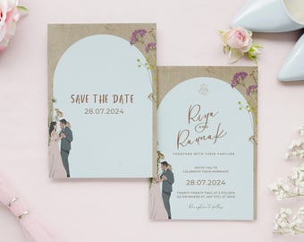 Plantilla elegante de invitación de boda: Diseño en blanco y cervatillo (descarga digital)