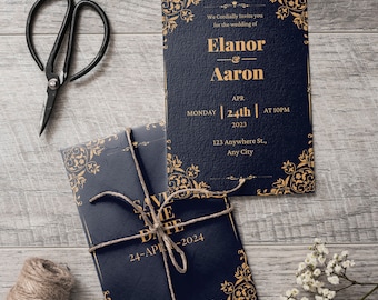 Invitación de boda clásica en negro y dorado: elegancia atemporal