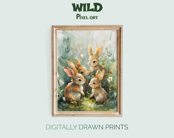 Vintage Bunny Family Painting: Spring Floral Art Print (Digital Download)